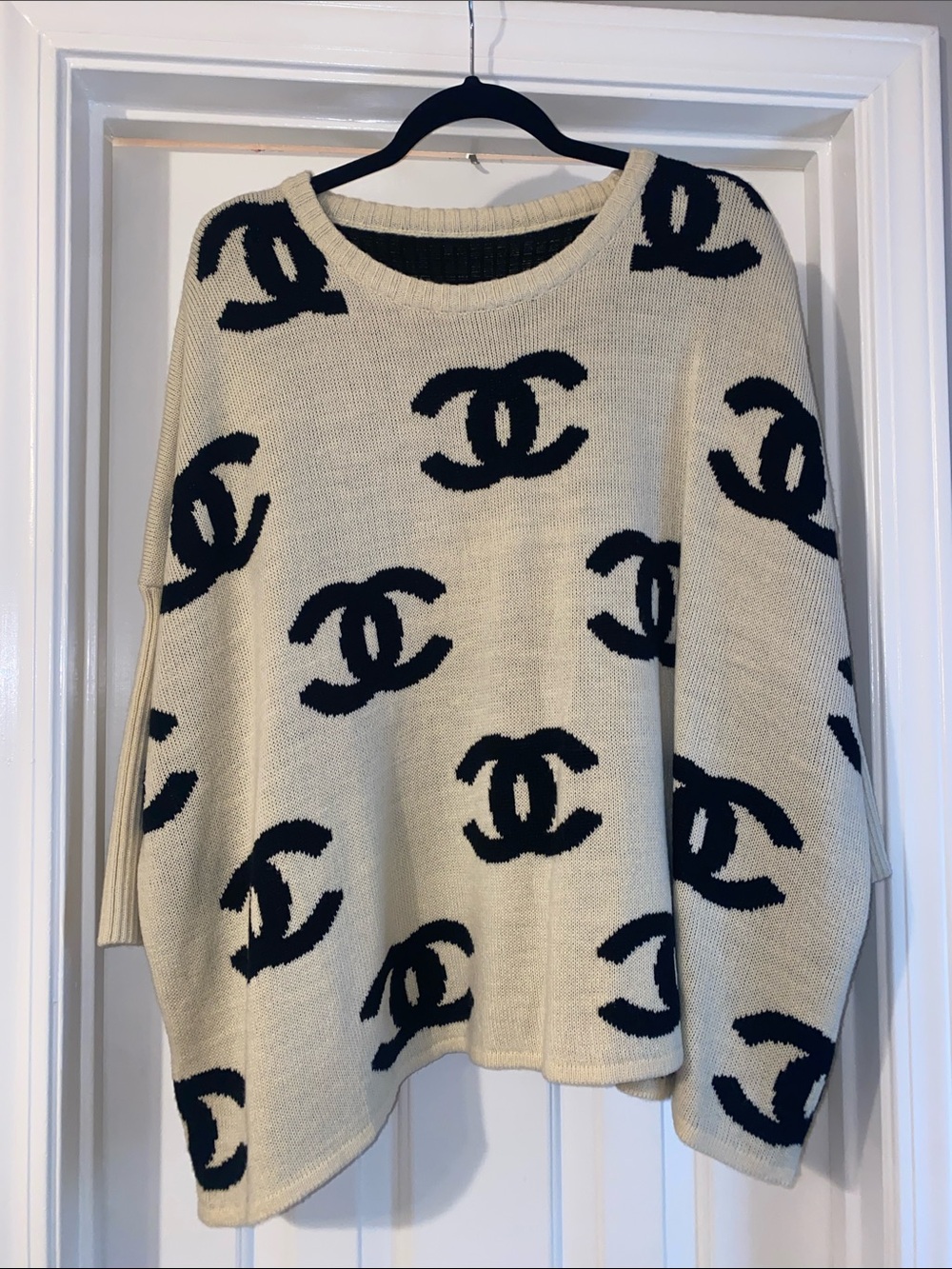 Chic Ivory and Black Logo Knit Sweater